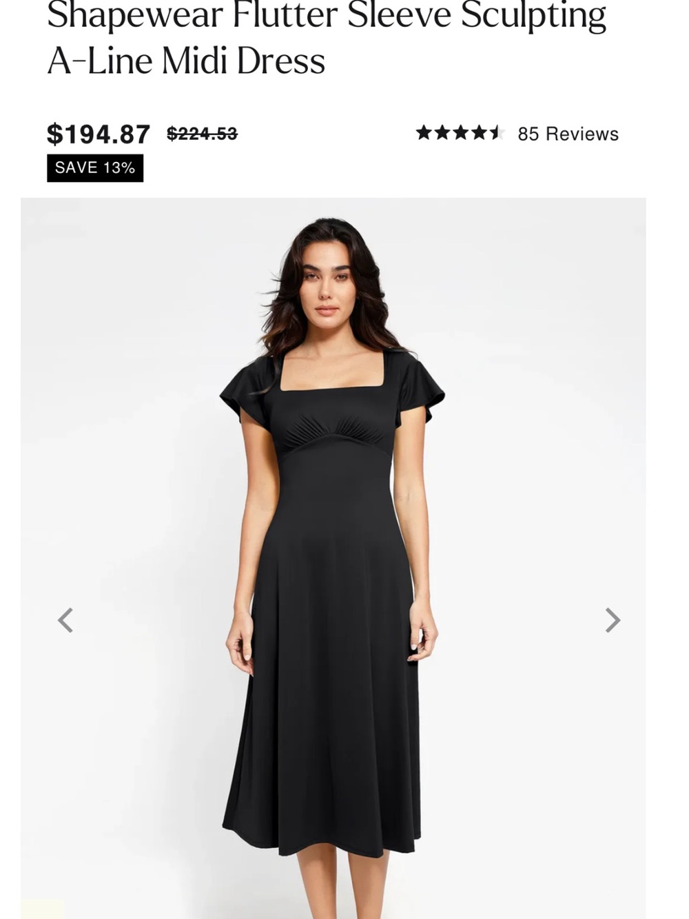 Shapewear Flutter Sleeve Sculpting A-Line Midi Dress with shapewear- Black